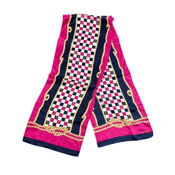 Vintage Liz Claiborne Nautical Checkerboard Silk Scarf Pink Navy Gold Anchors Ro